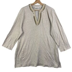 Chico's Linen Embellished Tunic women's 3 US XL Shirt Gray V-Neck 3/4 Sleeve Top